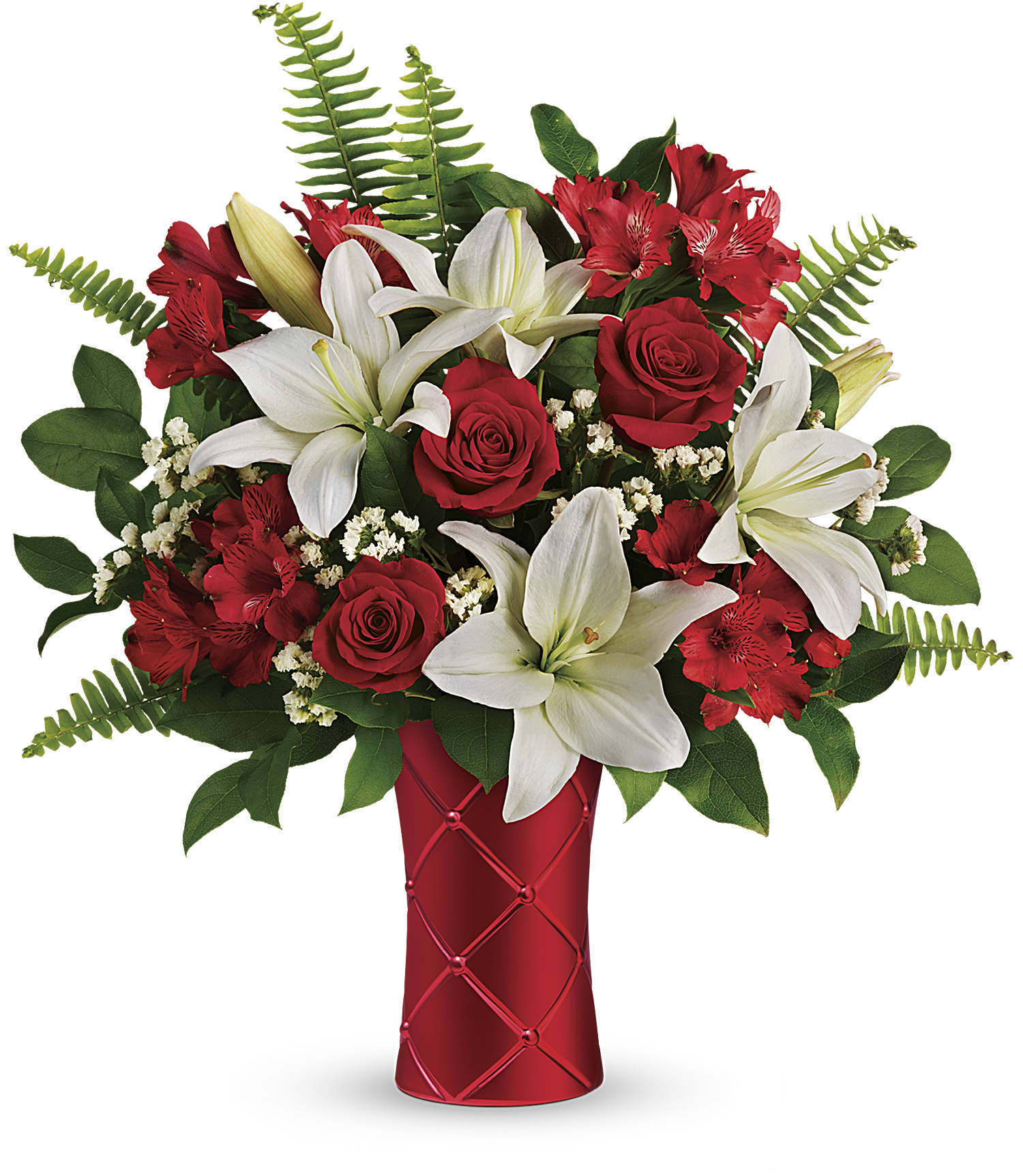 Days Flowers Florida: Sensuous red rose and white lily bouquet in a satiny, quilted ceramic vase. Romantic gift delivery in Ocala, FL