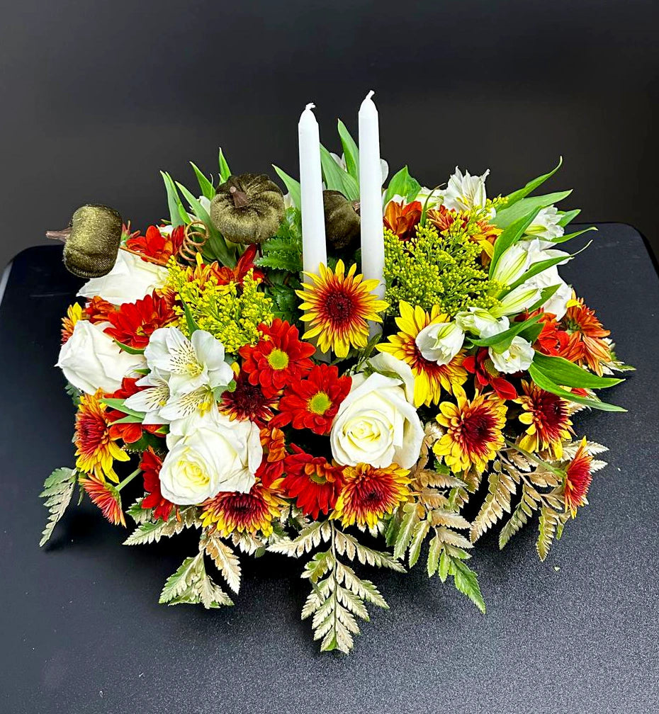 Days Flowers Florida: Stunning Thanksgiving arrangement featuring red and yellow chrysanthemums. Elegant table decor delivery in Port St. Lucie, Florida