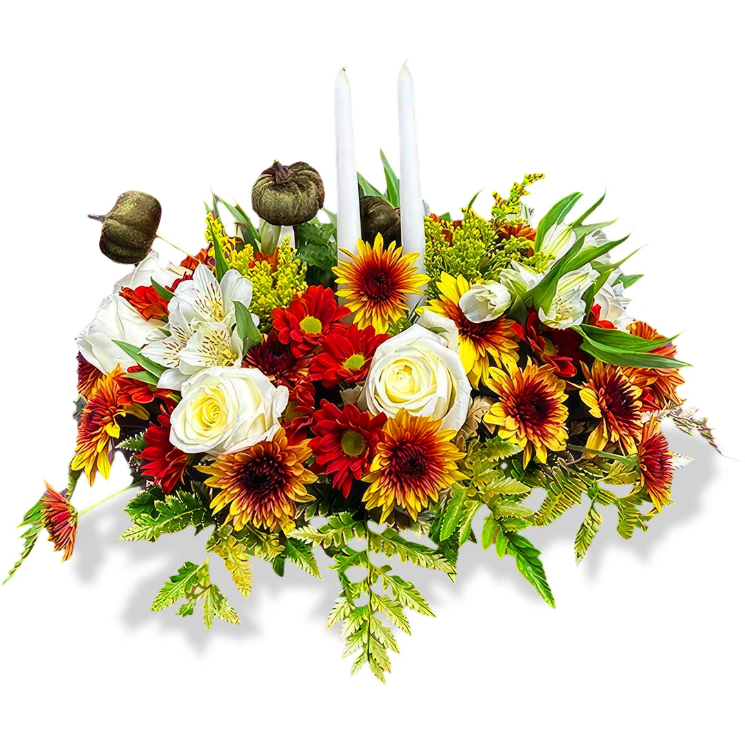 Days Flowers Florida: Thanksgiving centerpiece with white roses, alstroemeria, and elegant white candles. Warm autumn decor delivery in Summerfield, FL.
