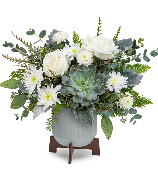 Tranquil Clouds Bouquet flower arrangement by Days Flowers Florida, showcasing premium white roses, white chrysanthemums, and a large green Echeveria succulent nested in a sleek gray contemporary planter with rich eucalyptus greenery.