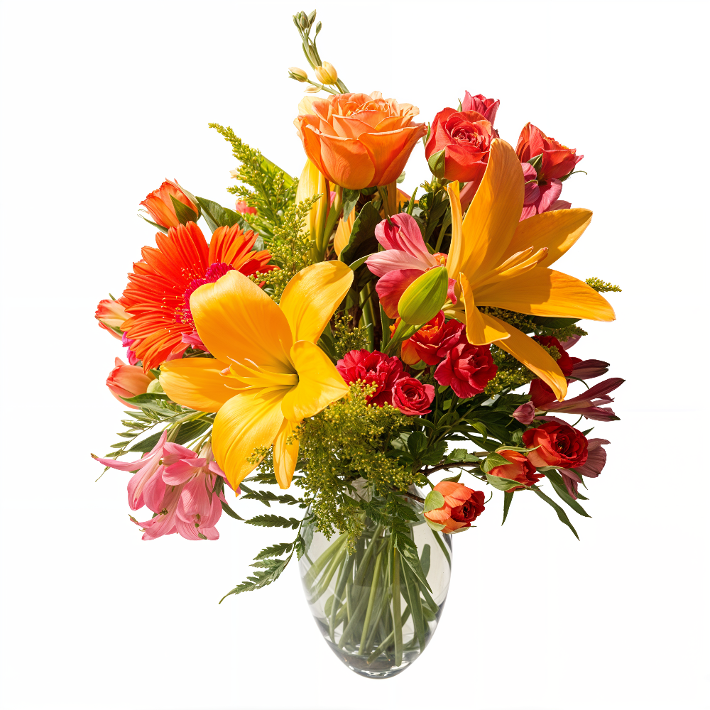 Tropical Fantasy floral arrangement with a large orange Asiatic lily, coral roses, and fuchsia alstroemerias in a clear glass vase by Days Flowers Florida