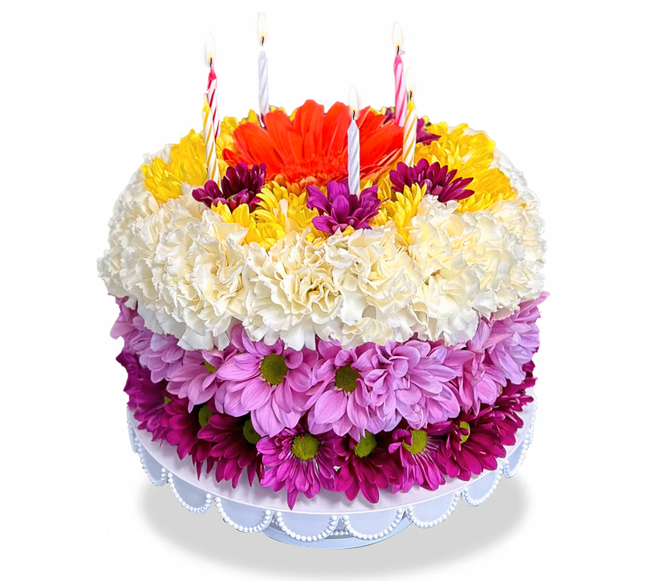 Days Flowers Florida: Stunning floral cake centerpiece for anniversaries. Vibrant white, yellow, and purple flowers. Eye-catching gift delivery in Port St. Lucie
