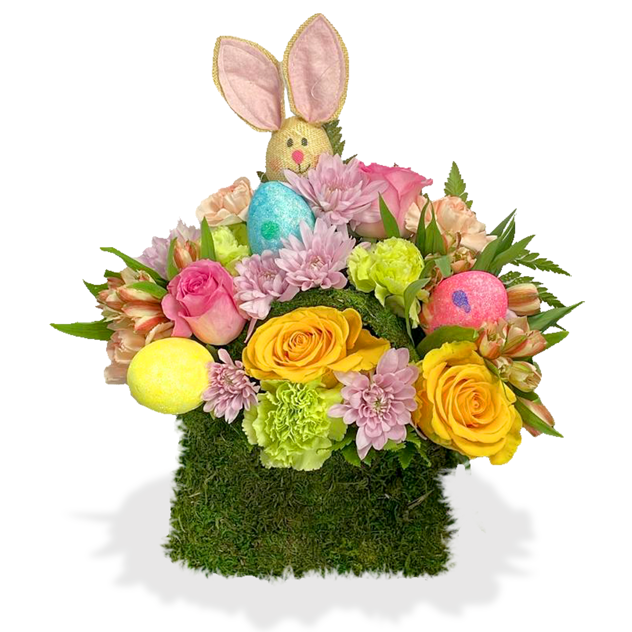 Days Flowers Florida: Vibrant Easter arrangement on moss base featuring a bunny and pastel eggs. Perfect spring flower delivery in Summerfield, FL