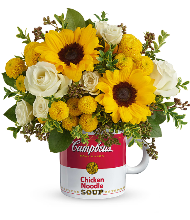 Days Flowers Florida: Nostalgic Campbell's Soup Mug bouquet with cheerful sunflowers and golden mums. Heartwarming get well gift delivery in Ocala, FL.
