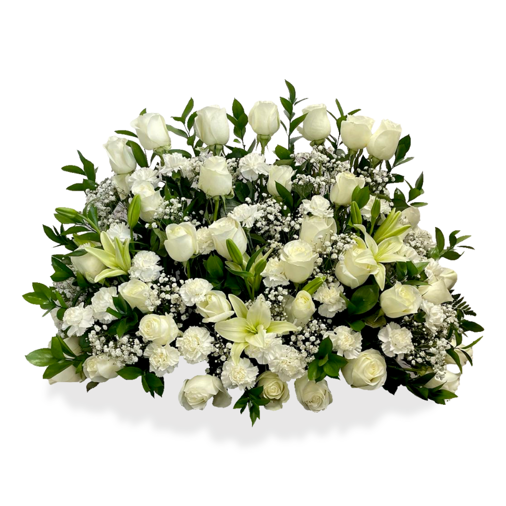 White Harmony flower arrangement featuring white roses, lilies, and carnations with green foliage by Days Flowers Florida.