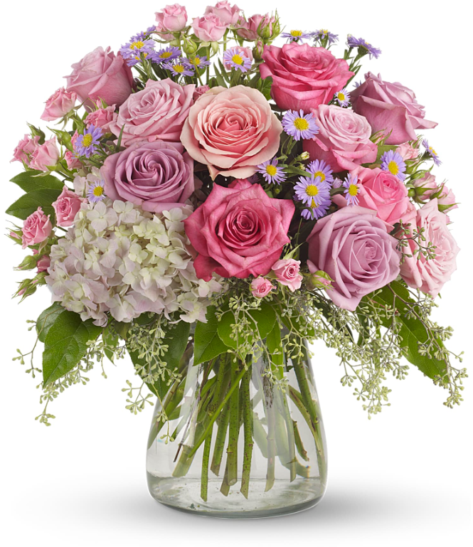 Days Flowers Florida: Softly elegant condolence arrangement with lavender and pink roses, hydrangea, and asters. Sympathy flower delivery in Summerfield, FL.