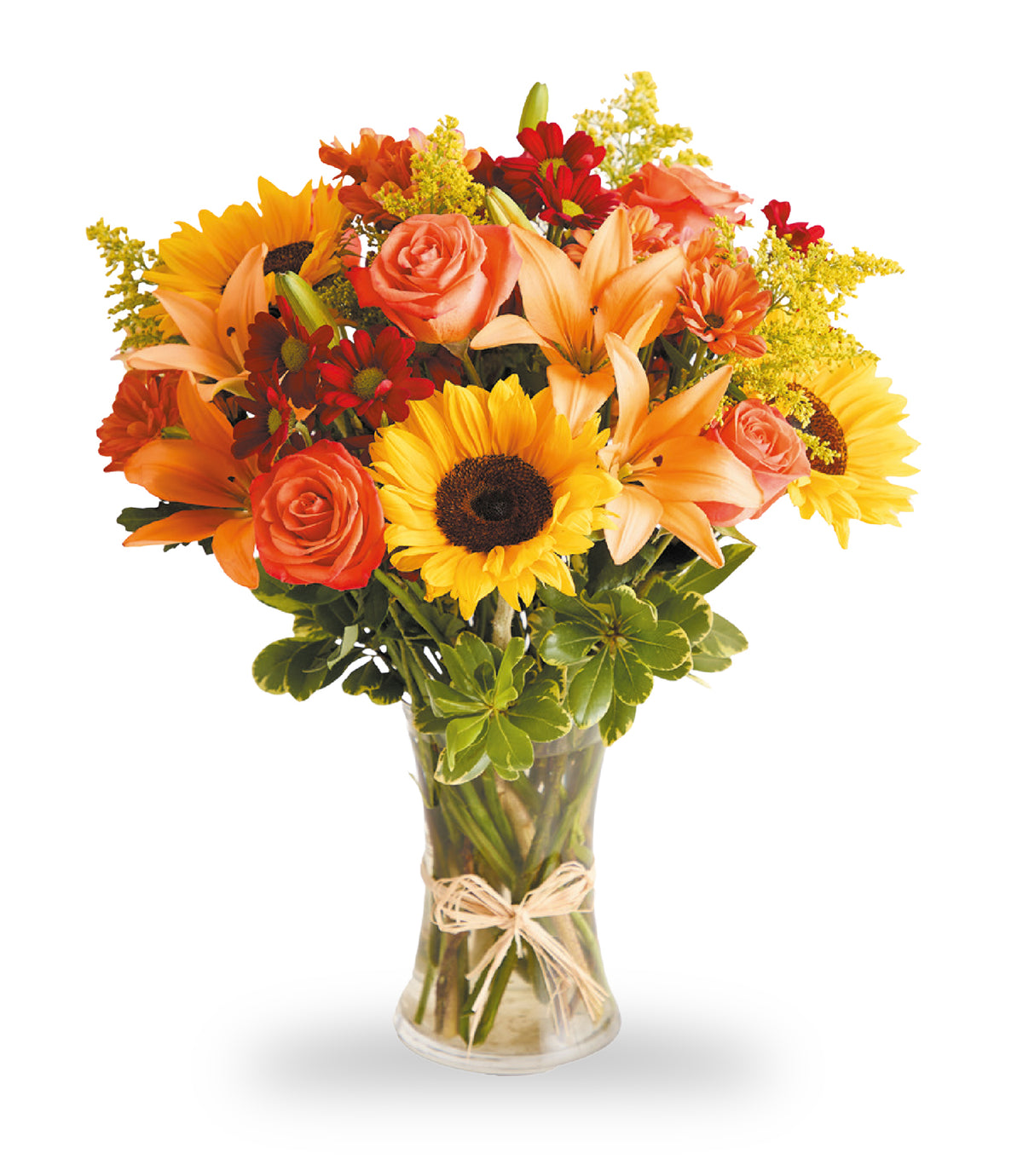 Autumn Sunset & Sunflower Glow arrangement by Days Flowers Florida, featuring yellow sunflowers, orange roses, and Asiatic lilies in a clear glass vase with a rustic twine bow.
