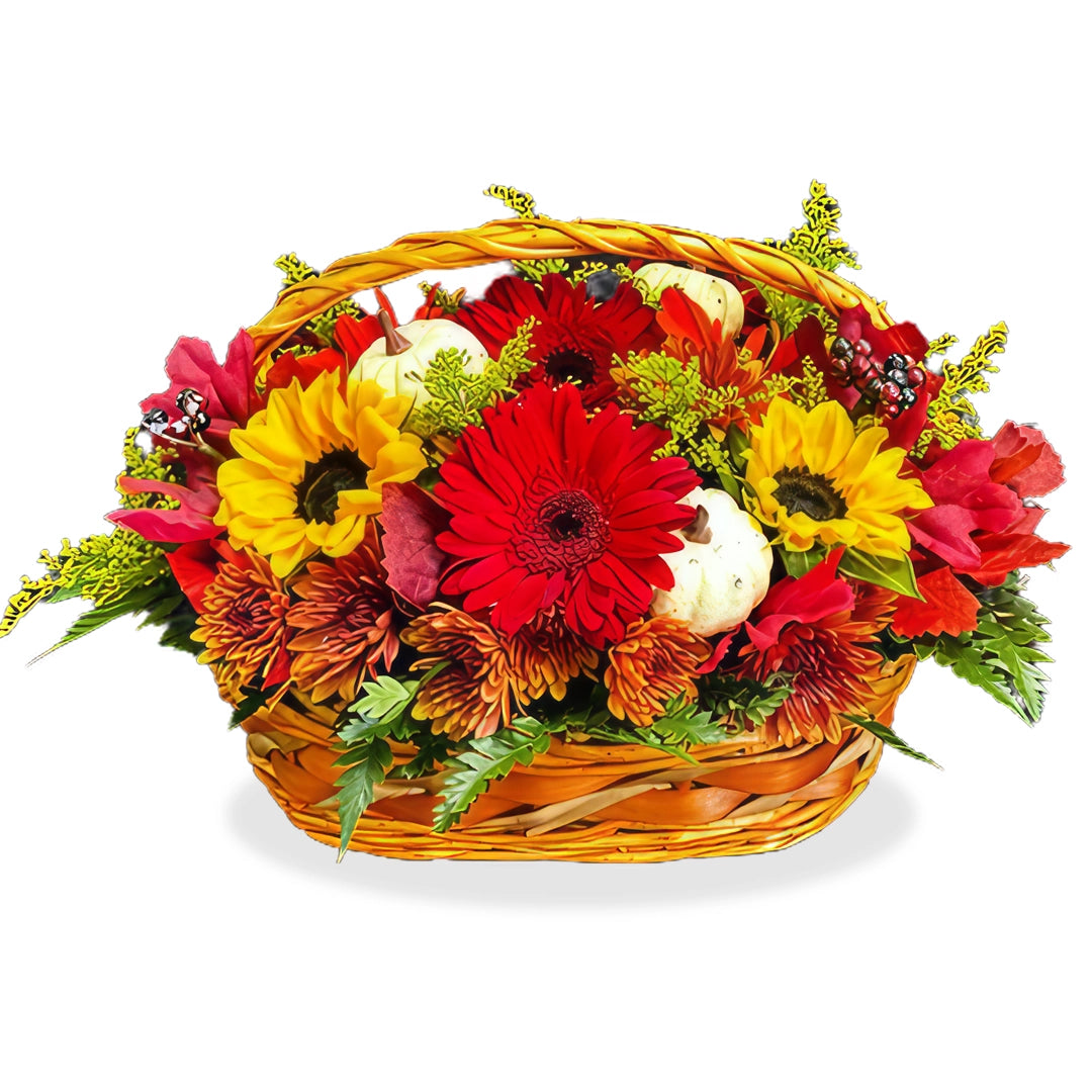 Basket of Gratitude Thanksgiving floral arrangement featuring sunflowers, red gerberas, and yellow chrysanthemums in a woven basket by Days Flowers Florida.