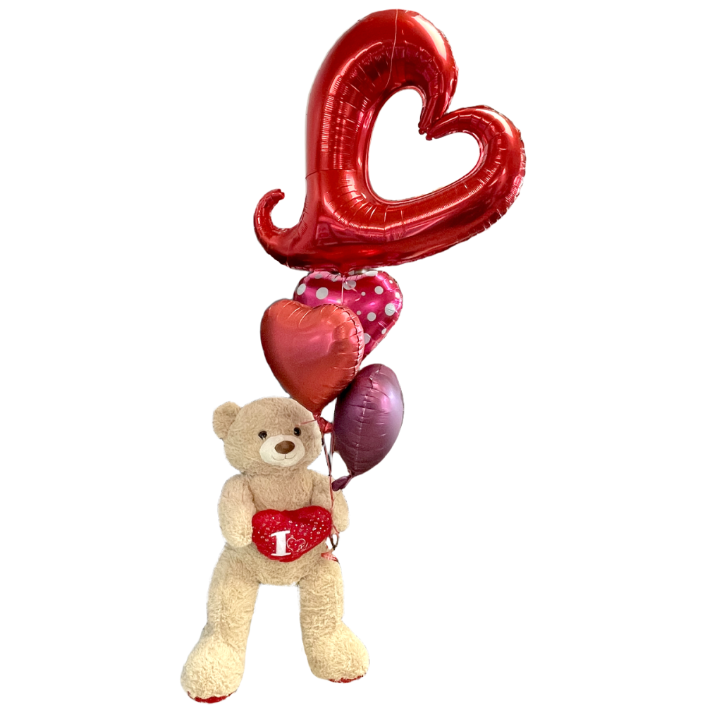 Bear Hug Arrangement featuring a big cuddly teddy bear with a plush heart cushion and colorful balloons by Days Flowers Florida