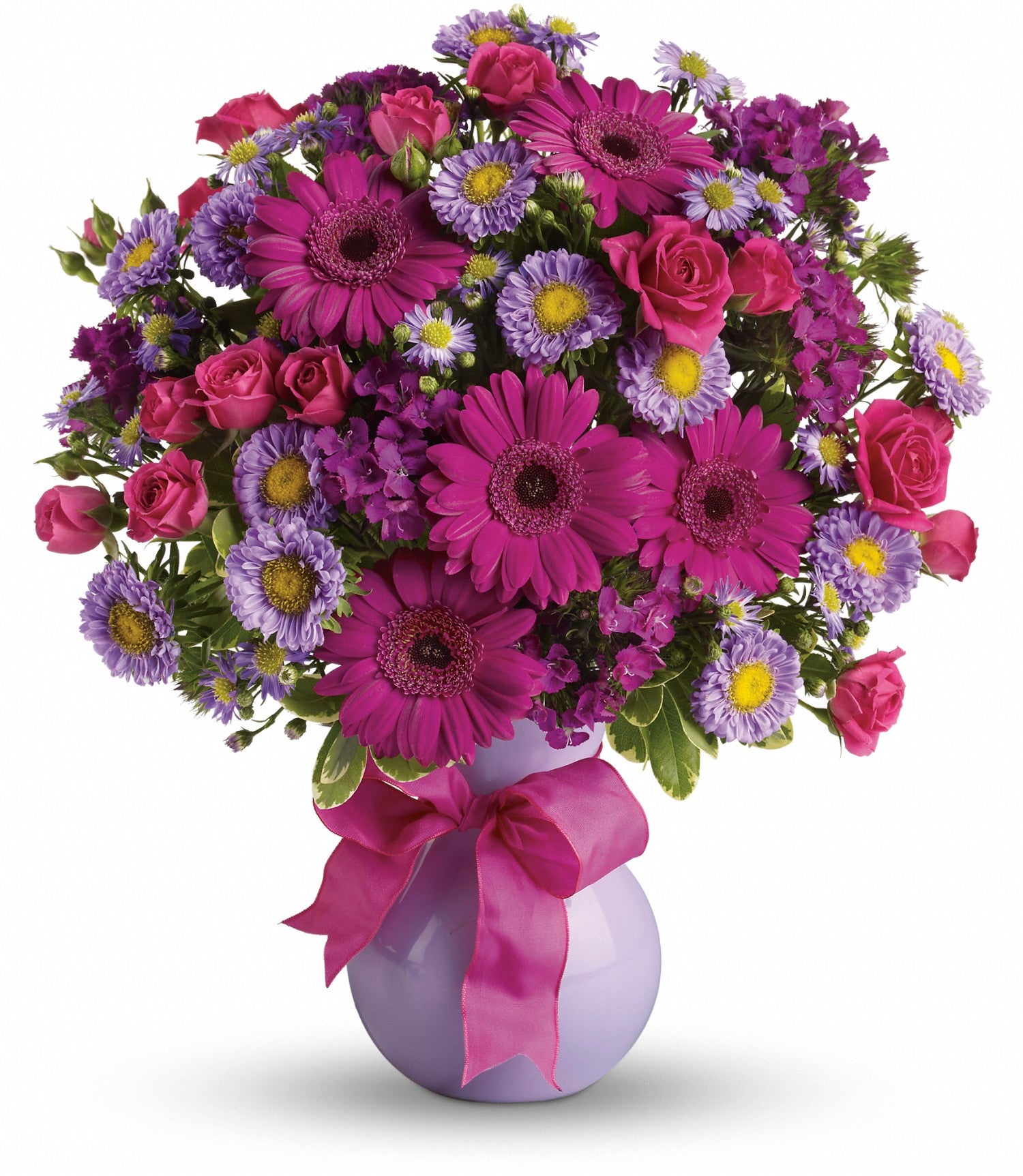 Top-down perspective of the Joyful Jubilee arrangement showing the dense placement of hot pink spray roses and Sweet William