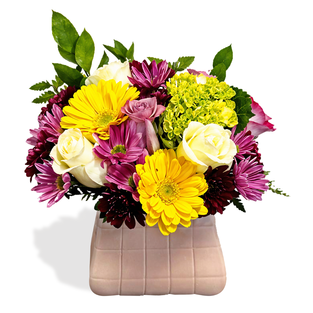 Top-down view of the Breeze of Sweet Charm gift highlighting the contrast between soft lilac roses and deep burgundy chrysanthemums.