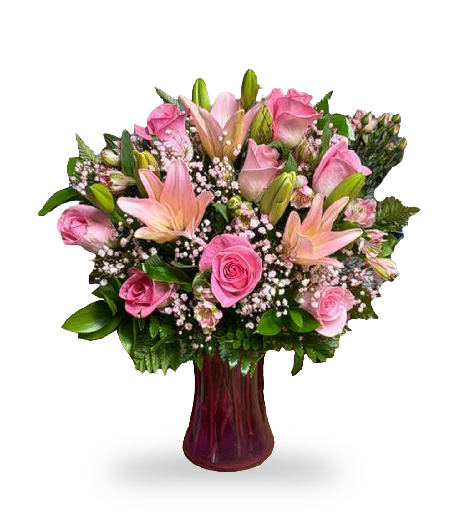 Blushing Elegance & Pink Lily Symphony arrangement by Days Flowers Florida, featuring fresh pink roses, Asiatic lilies, mini carnations, and baby's breath in a vibrant pink glass vase