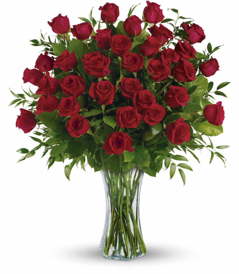 Breathtaking Beauty giant rose bouquet featuring 3 dozen premium long-stemmed red roses in a 13-inch flared glass vase by Days Flowers Florida