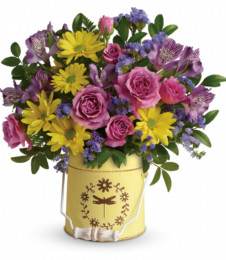 Bright sunshine bouquet with yellow daisies, purple asters, and pink roses in a decorative vase, perfect for delivery in Summerfield, Ocala, Orlando, The Villages, and Port St. Lucie.