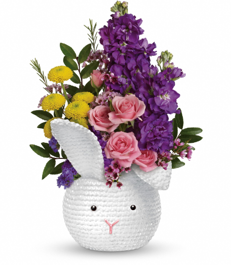 Elegant bunny-shaped basket featuring a vibrant arrangement of purple and pink blooms, perfect for festive occasions in Summerfield, Ocala, Orlando, The Villages, and Port St. Lucie.