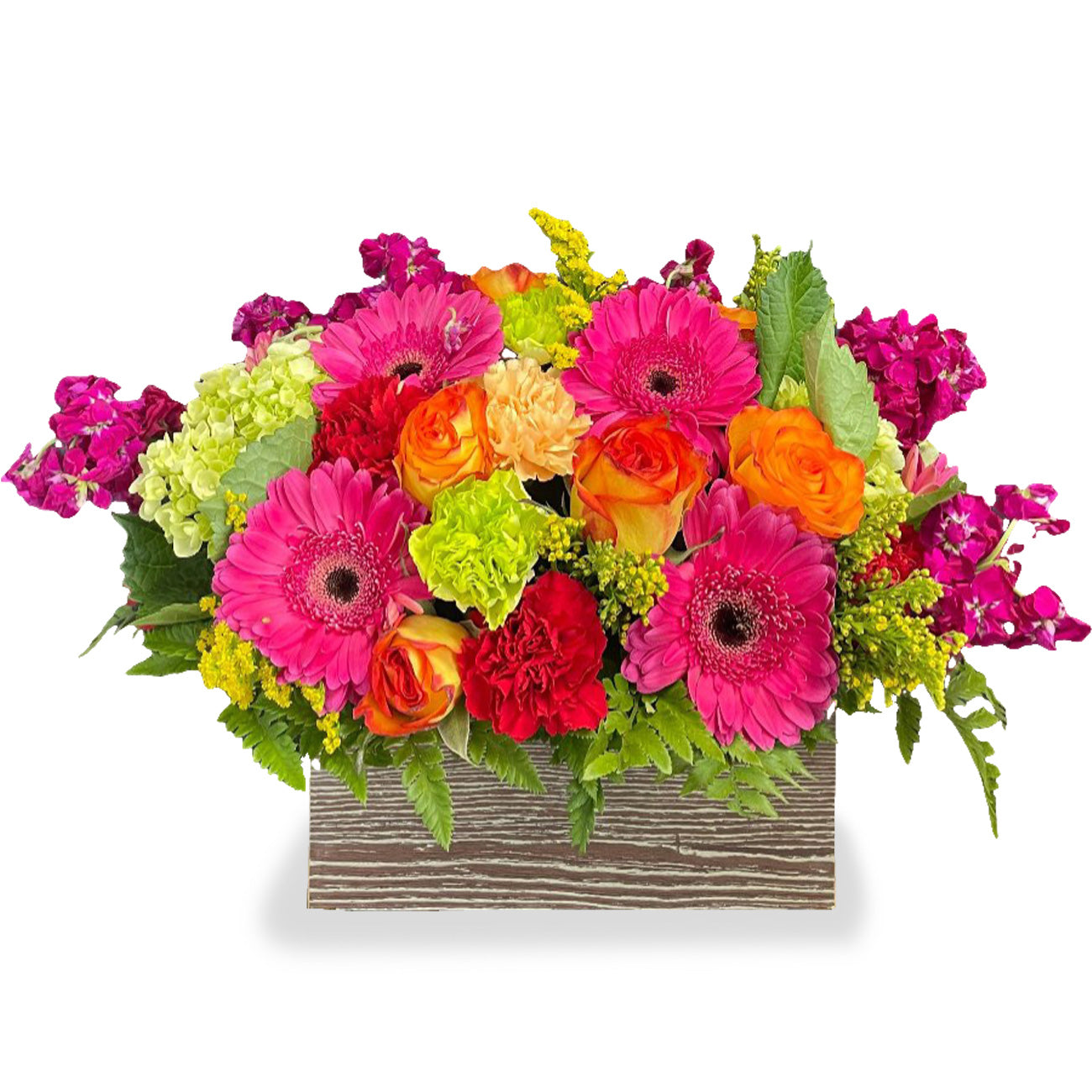 Burst of Beauty Basket featuring hot pink dahlias, purple stock, and green mums in a 14-inch wicker basket by Days Flowers Florida