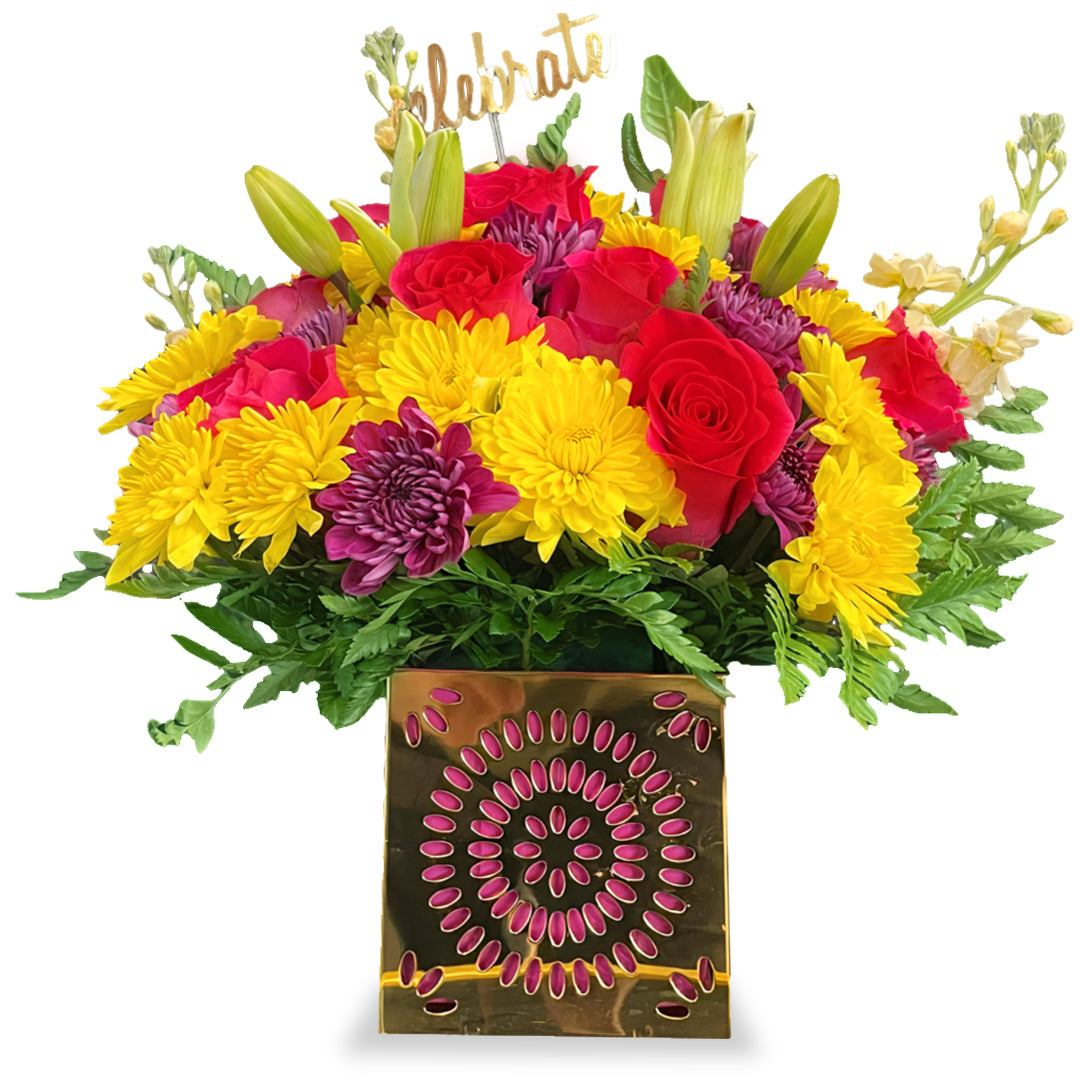 colorful-celebration-bouquet-yellow-lilies-hot-pink-roses-gold-cube-the-villages-fl