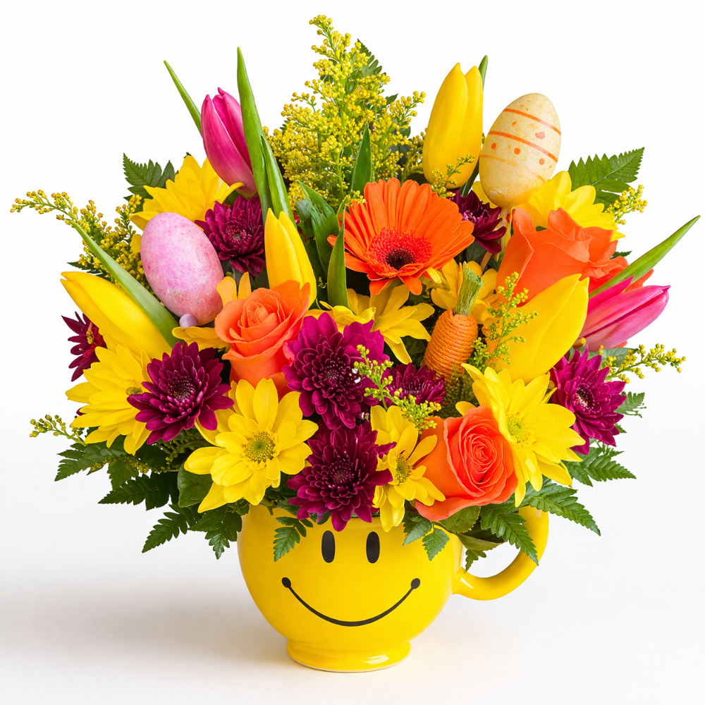 Country Spring Pitcher floral arrangement with orange roses and yellow mums in a mint green ceramic jug by Days Flowers Florida
