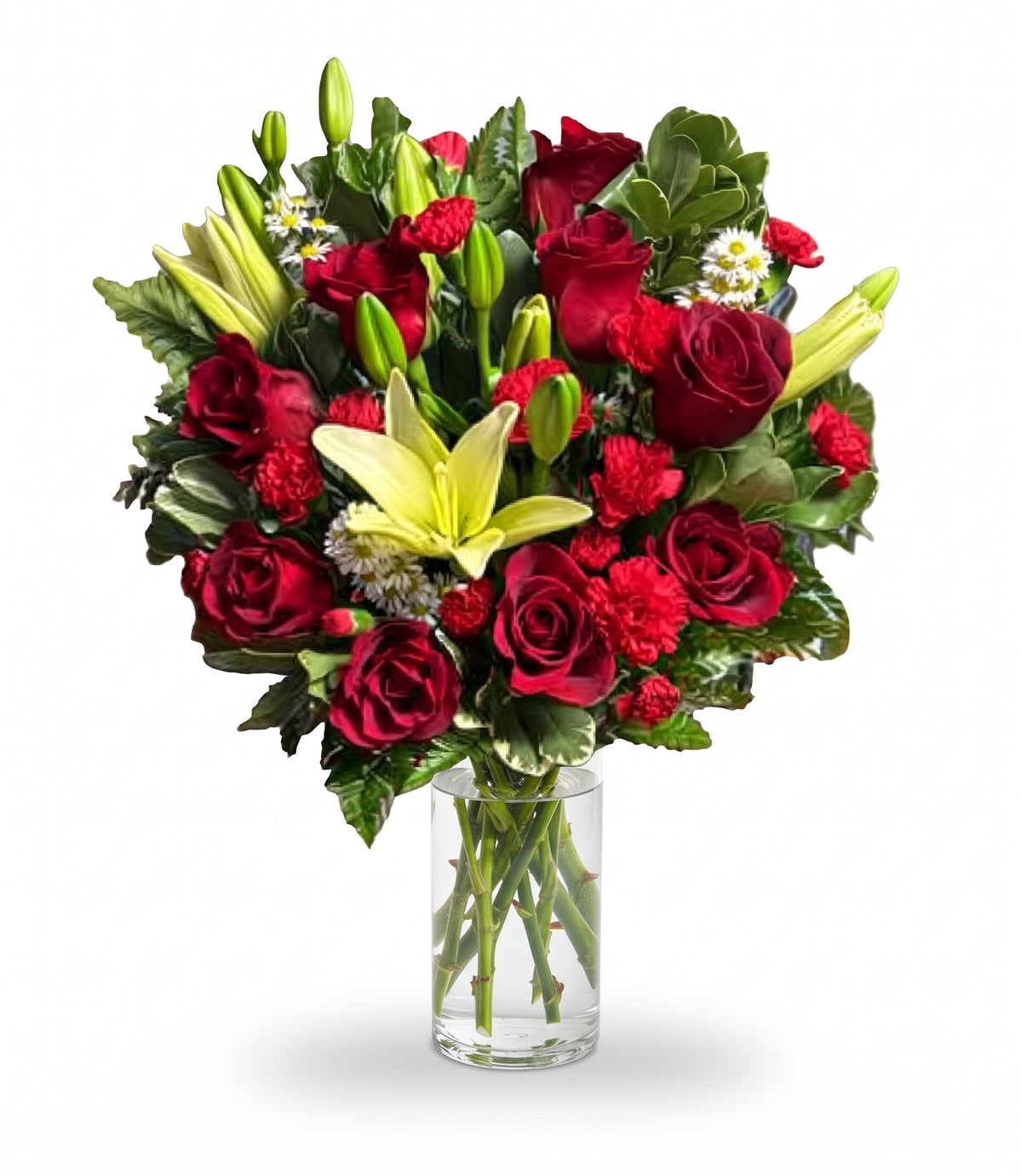 Crimson Passion & Lily Radiance Arrangement by Days Flowers Florida, featuring deep red roses, red carnations, and yellow-green Asiatic lilies in a ribbed glass vas