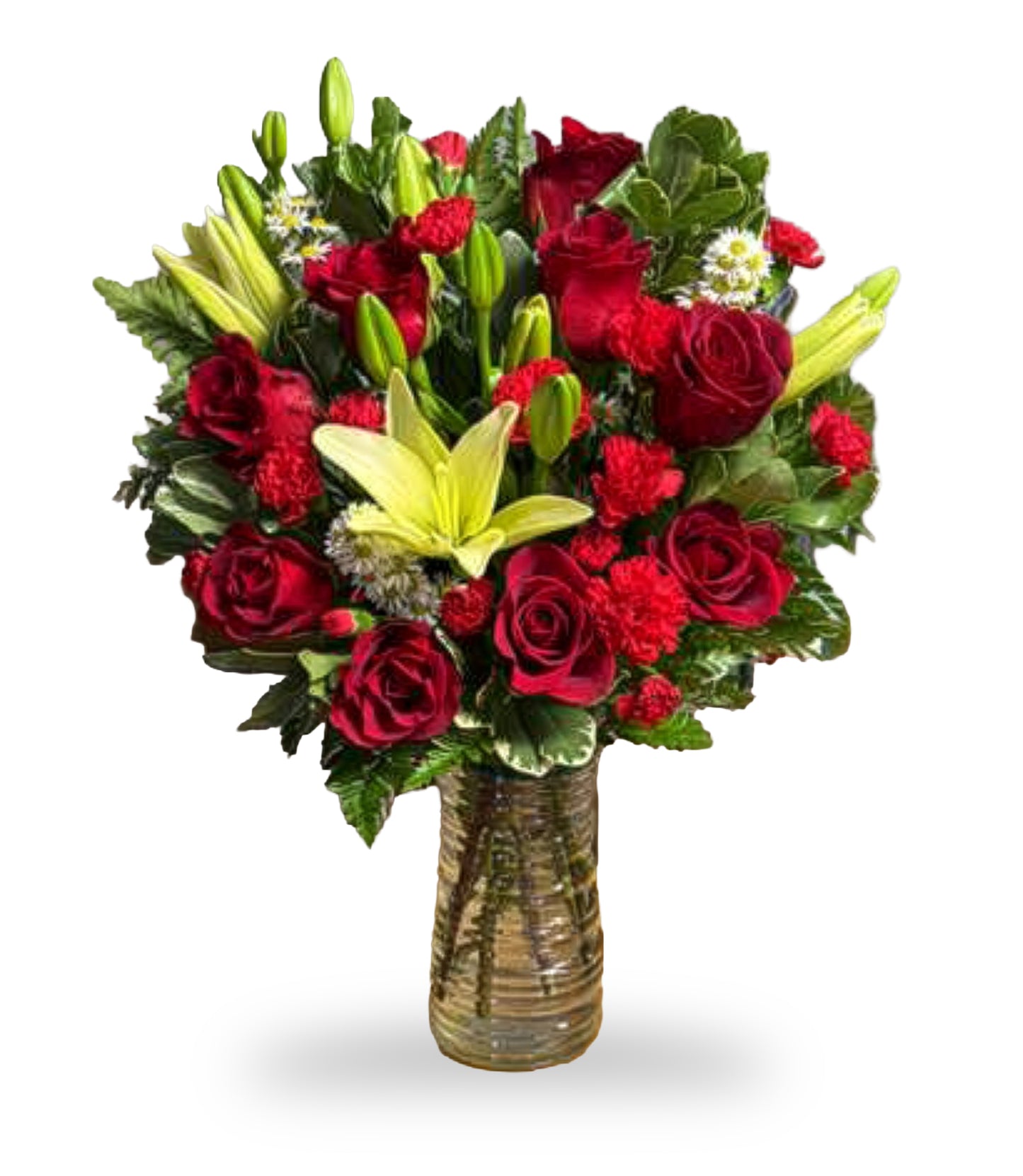 Crimson Passion & Lily Radiance Arrangement by Days Flowers Florida, featuring deep red roses, red carnations, and yellow-green Asiatic lilies in a ribbed glass vas