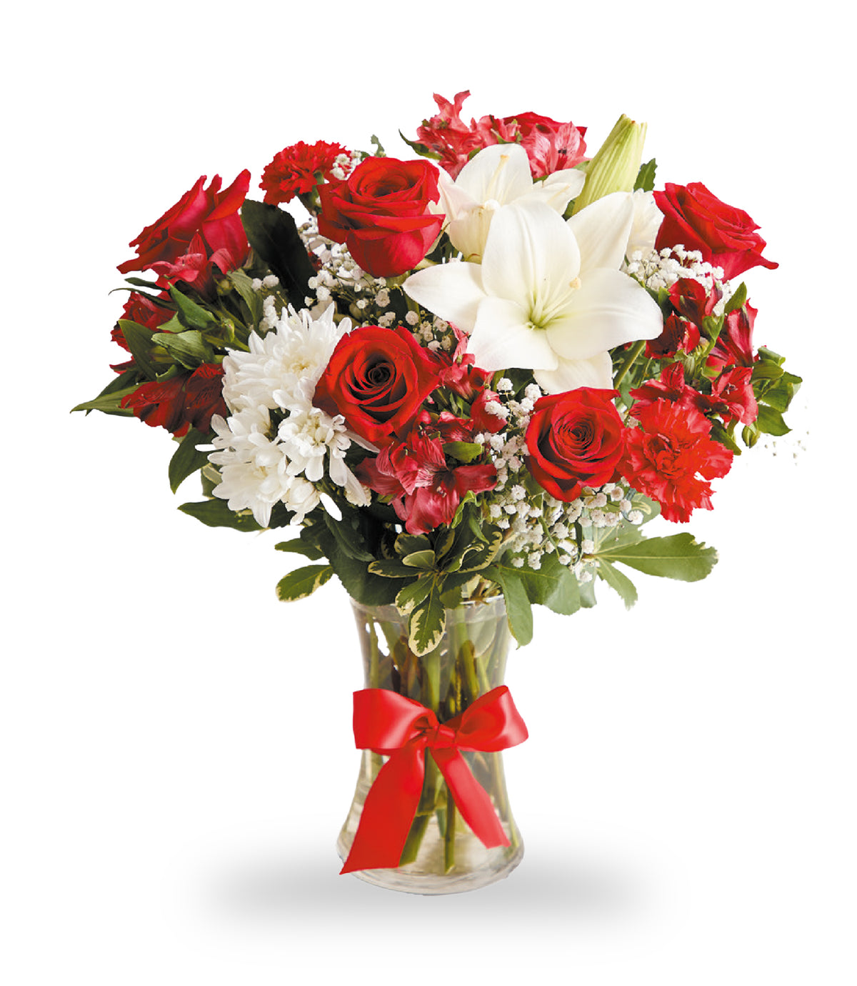 Crimson Ribbon Elegance arrangement by Days Flowers Florida, featuring deep red roses, white lilies, and chrysanthemums in a clear glass vase with a red ribbon bow.