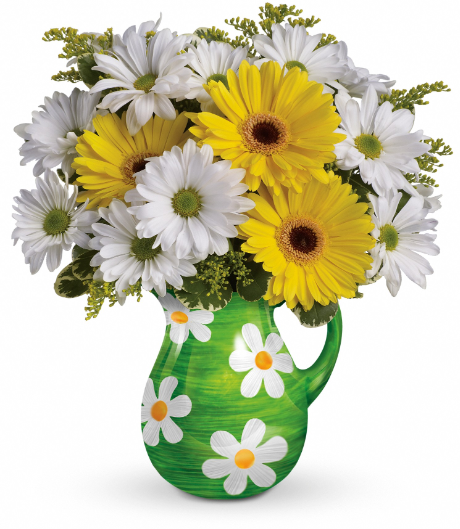 Bright yellow gerberas, white daisies, and lush greens in a green vase with white floral patterns, perfect for delivery in Summerfield, Ocala, Orlando, The Villages, and Port St. Lucie.