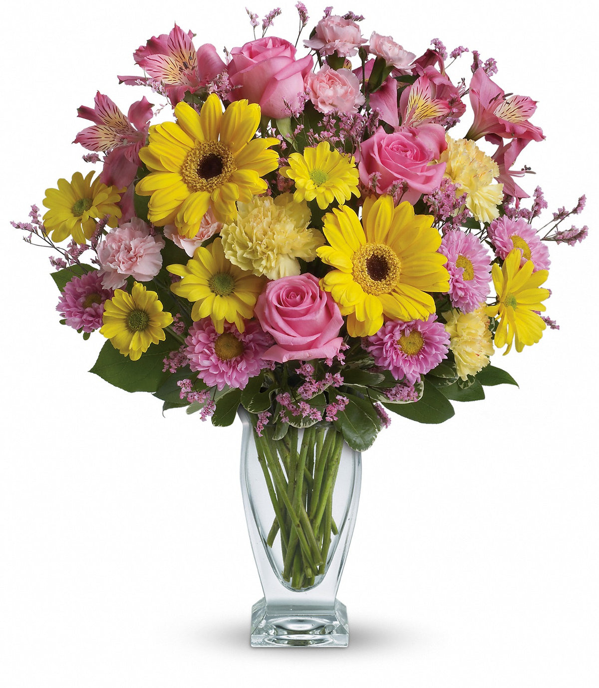 Dazzling Day Bouquet featuring pink roses, yellow gerberas, and dark pink alstroemerias in a clear Couture glass vase by Days Flowers Florida