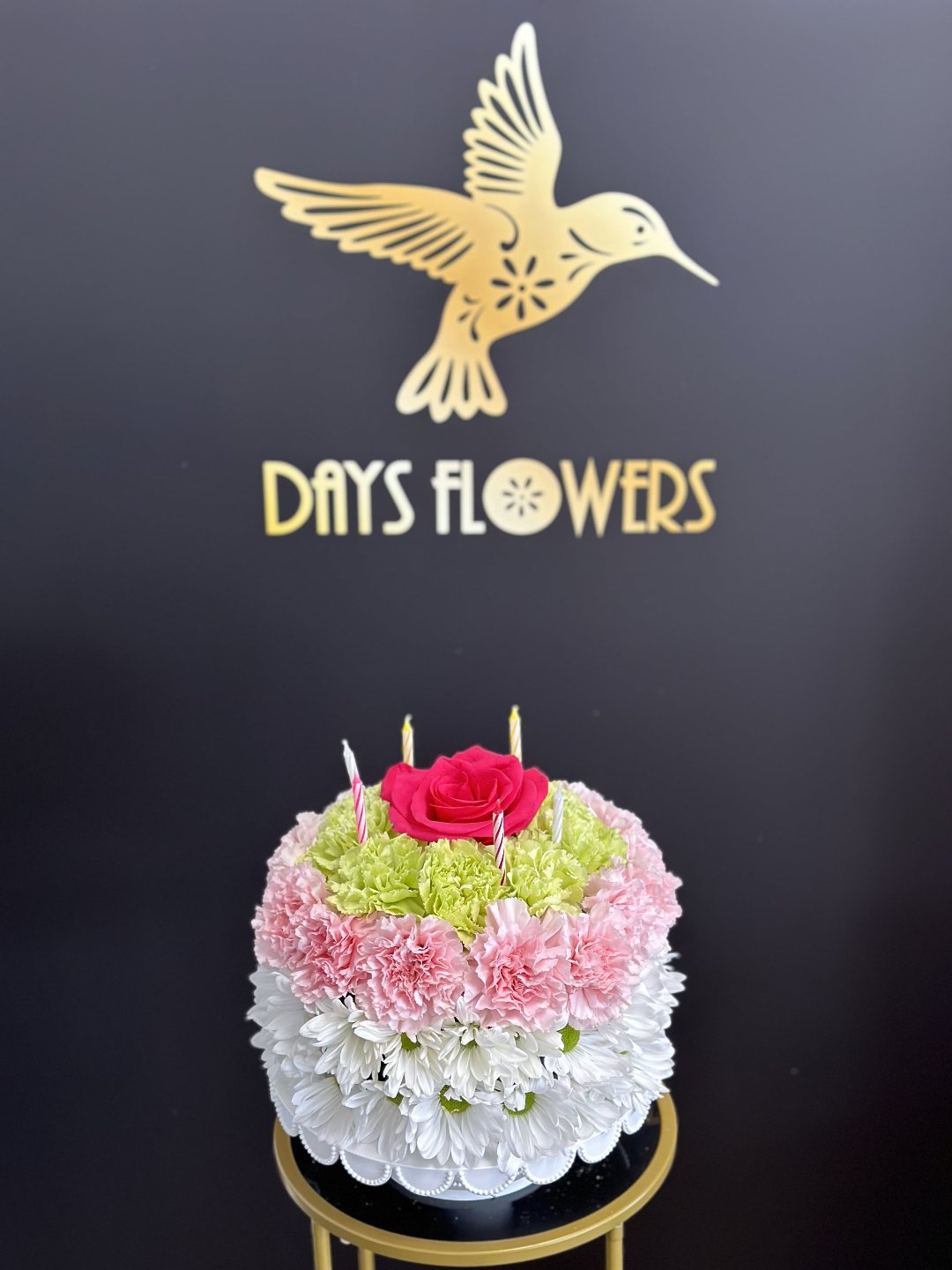 Elegant birthday floral arrangement with pink and white blooms, red roses on top, perfect gift for delivery in Florida.