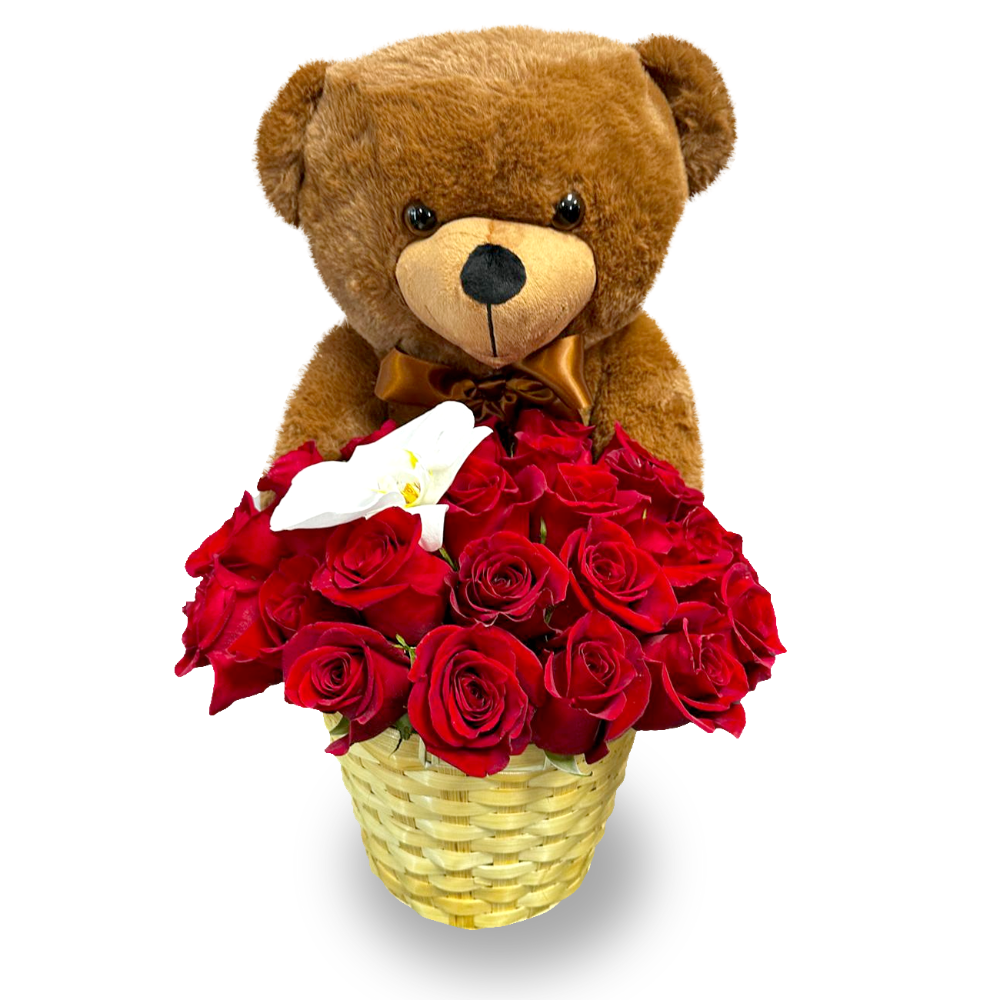 Eternal Love Hug romantic flower basket featuring premium red roses, a white orchid stem, and a plush brown teddy bear by Days Flowers Florida