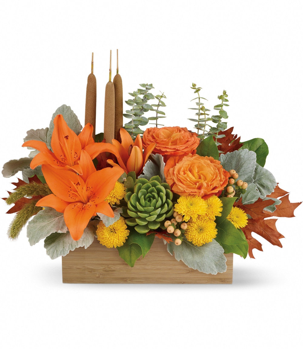 Fall Bamboo Garden centerpiece featuring bi-color orange roses, orange lilies, and a live green succulent in a natural bamboo rectangle planter by Days Flowers Florida.