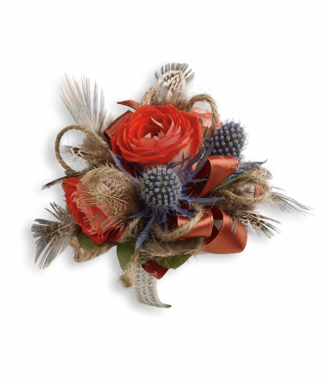 Vibrant red rose with blue thistles and feathers, perfect gift for delivery in Florida