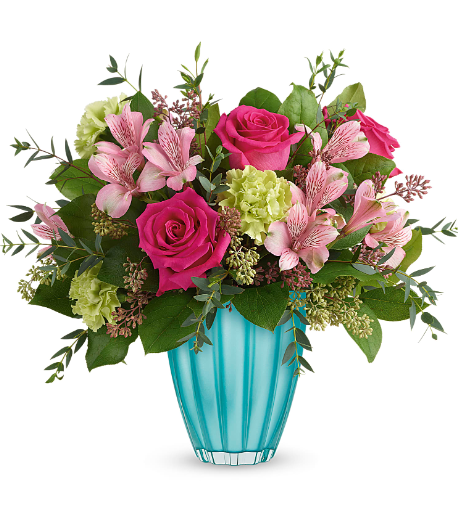 Elegant floral arrangement in a turquoise vase with pink roses and alstroemeria, perfect for delivery in Summerfield, Ocala, Orlando, The Villages, and Port St. Lucie.