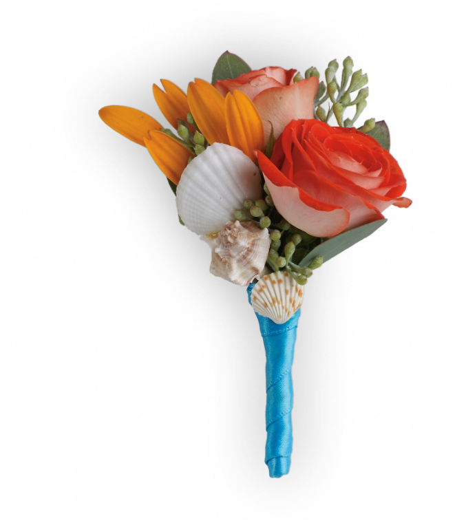 Beach-themed bouquet with orange roses and yellow lilies, perfect for events in Florida