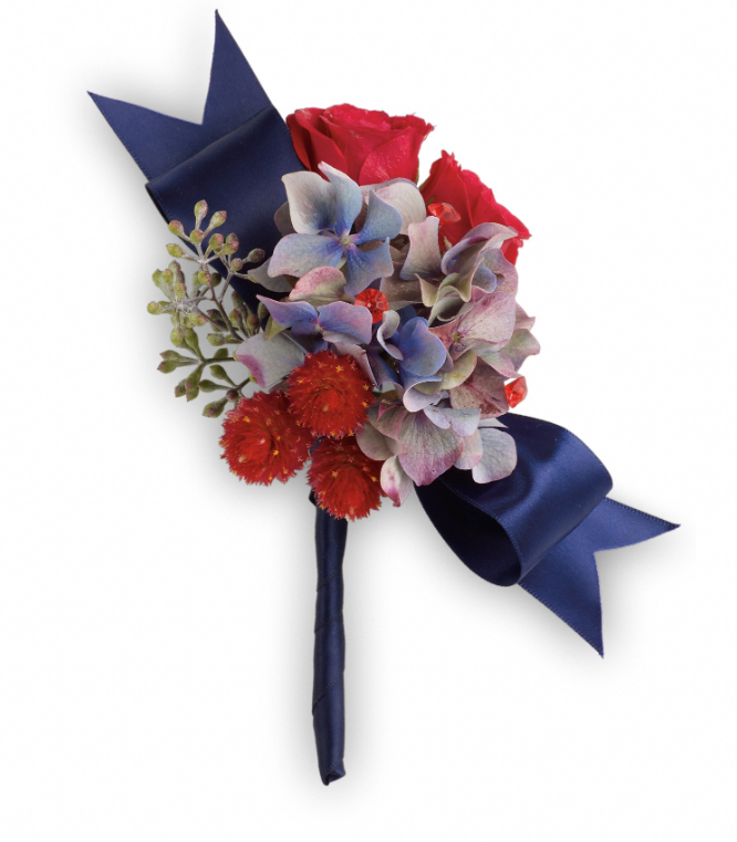 Elegant boutonniere with red roses and blue ribbon, perfect for events in Florida