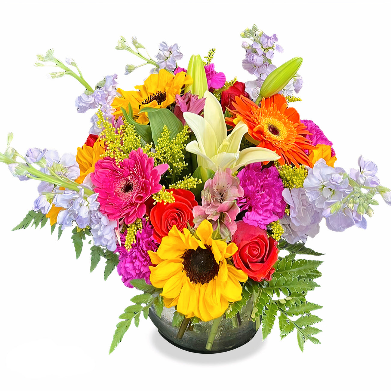 Floral Joy Explosion colorful flower arrangement featuring sunflowers, red roses, and pink gerberas in a clear glass vase by Days Flowers Florida.