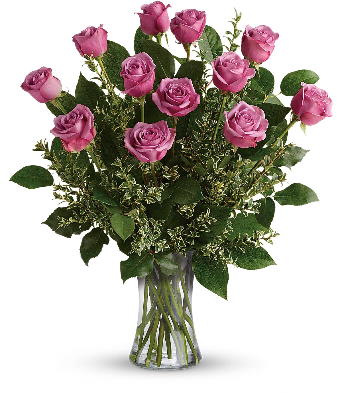 Hey Gorgeous Bouquet featuring one dozen 60cm long-stemmed lavender roses arranged in a clear glass gathering vase by Days Flowers Florida
