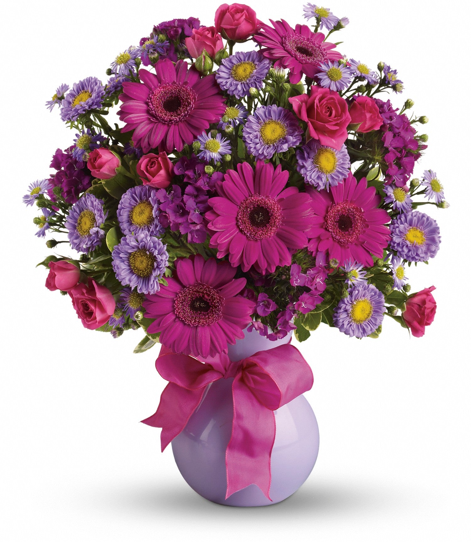 Close-up of the lavender Serendipity glass vase tied with a hot pink wired taffeta ribbon.