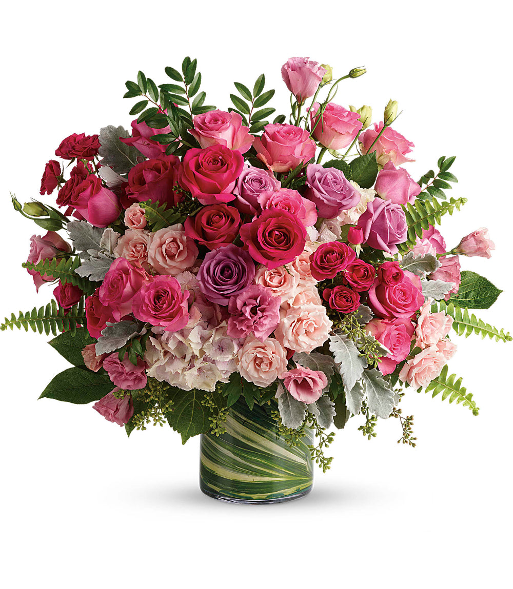Top-down perspective of the Haute Pink Bouquet showing the dense arrangement of 60cm pink roses and seeded eucalyptus