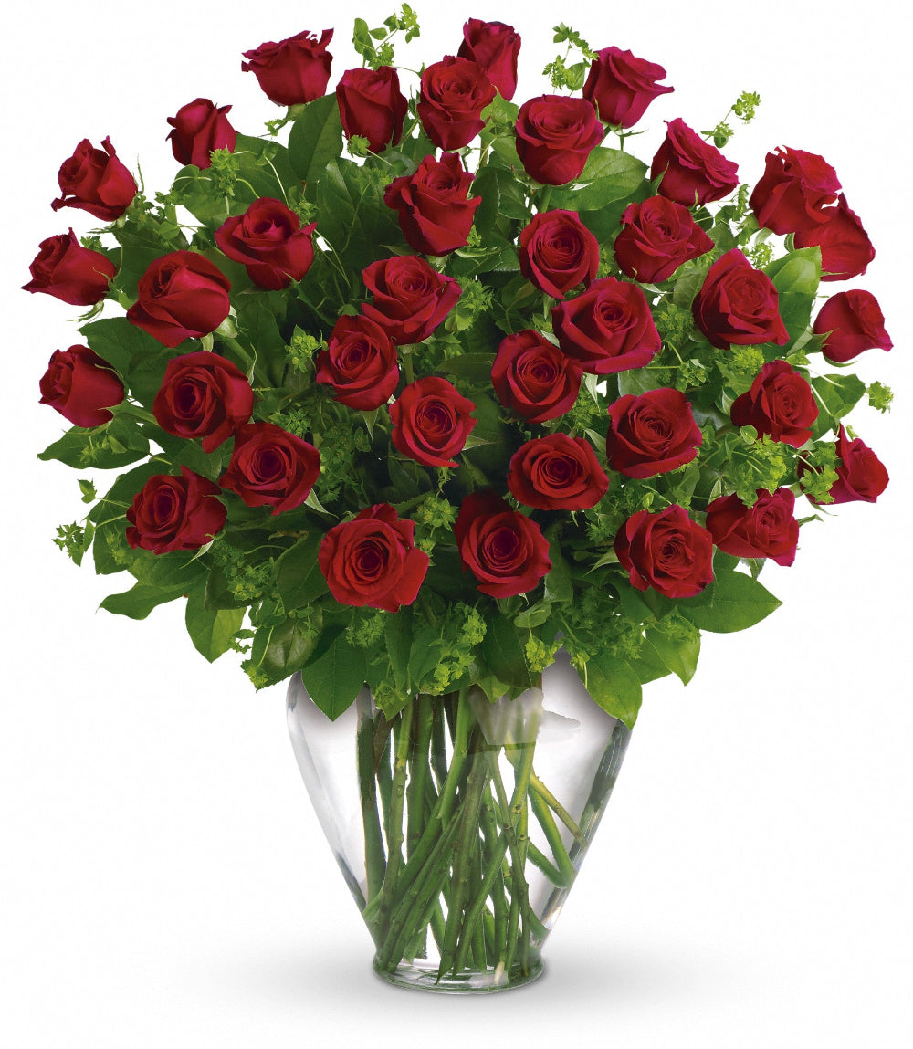 Top-down perspective of the 24 red roses arrangement showing uniform circular placement of velvety crimson blooms