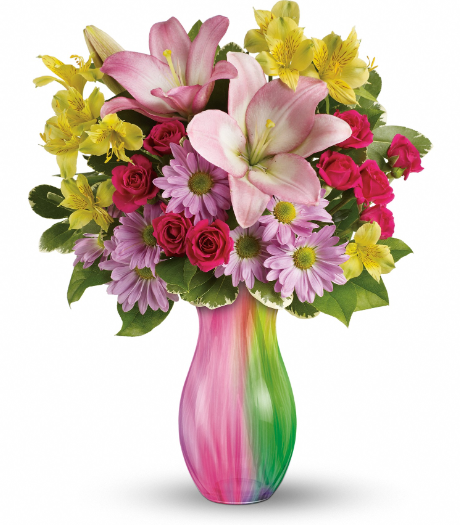 Vibrant pink and green vase with lilies, roses, and daisies, perfect for delivery in Summerfield, Ocala, Orlando, The Villages, and Port St. Lucie.