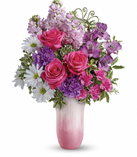 Elegant floral arrangement with pink roses, purple hydrangeas, and white daisies in a pink vase, perfect for delivery in Summerfield, Ocala, Orlando, The Villages, and Port St. Lucie.