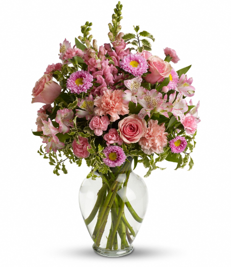 Elegant vase arrangement of pink roses, snapdragons, and carnations with lush greenery, perfect for summer delivery in Florida areas like Summerfield, Ocala, Orlando, The Villages, and Port St. Lucie.