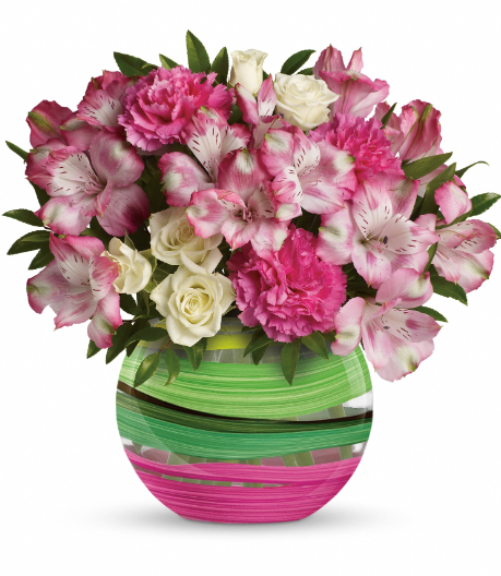 Elegant pink and white floral arrangement in a striped green vase, perfect for delivery in Summerfield, Ocala, Orlando, The Villages, and Port St. Lucie.