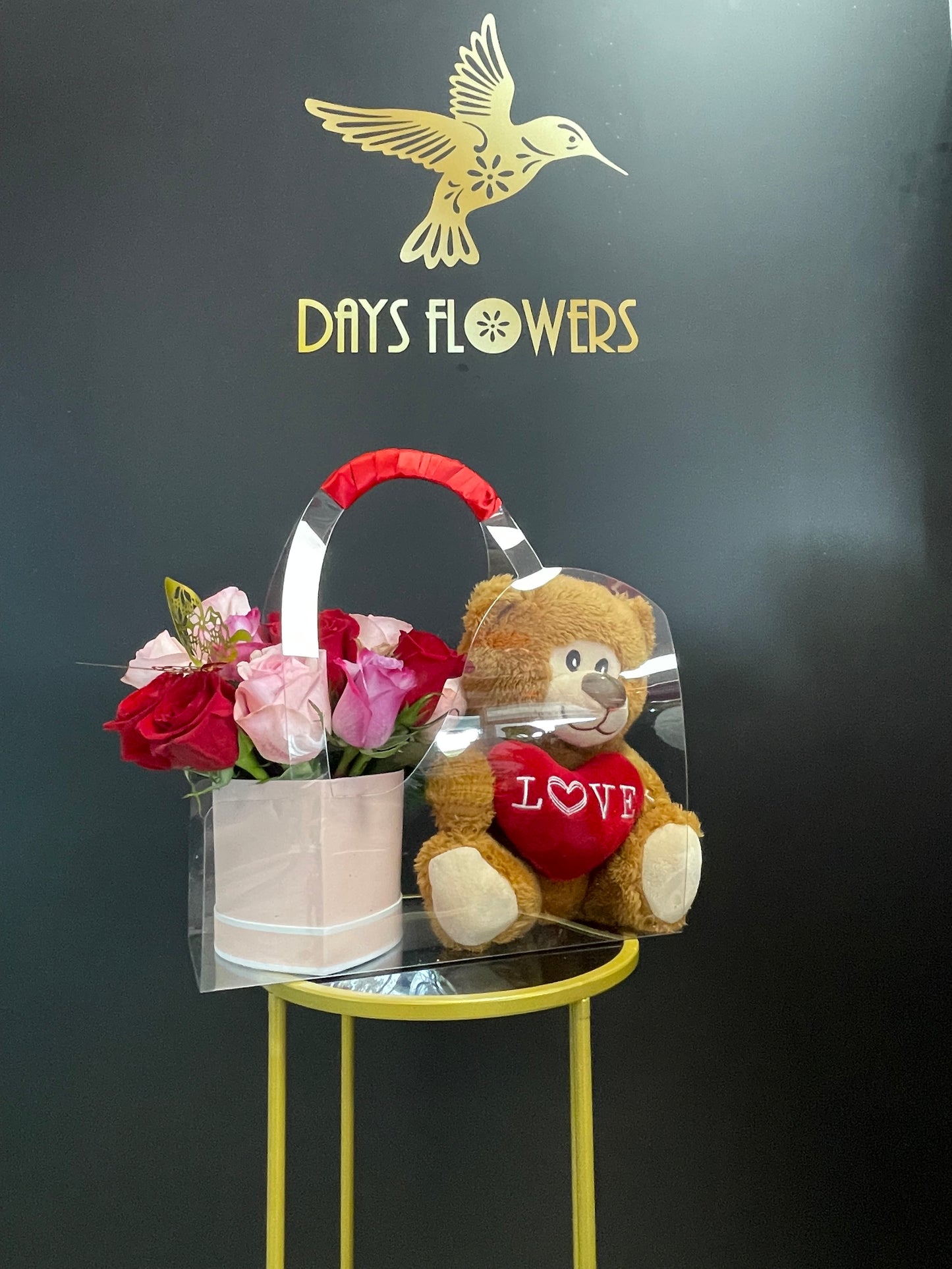 Days Flowers Florida: Touching gift bundle with red and pink roses, plush teddy bear, and heart. Perfect for Valentine's Day delivery in Ocala, FL