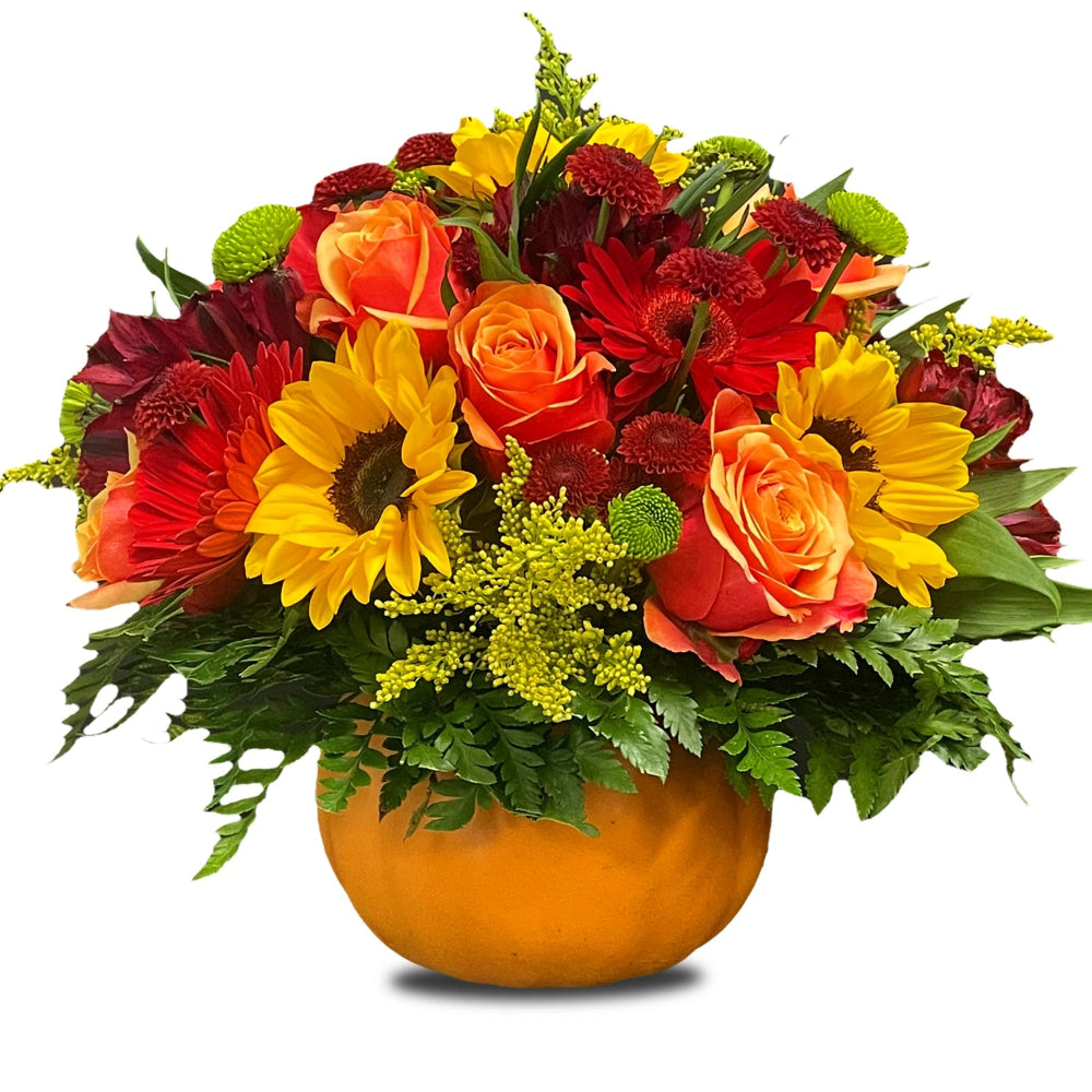 Pumpkin Bouquet featuring vibrant orange and yellow Halloween flowers with dark accents by Days Flowers Florida.