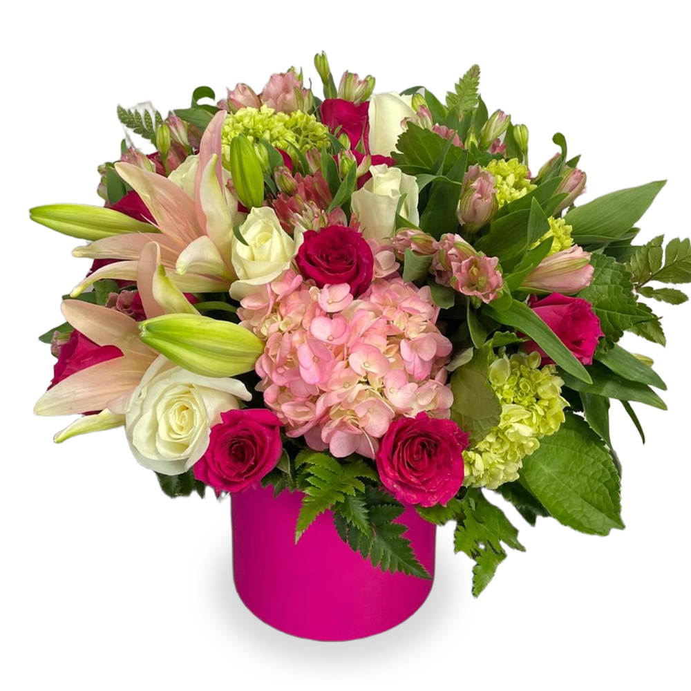 Radiant Pink Elegance flower arrangement with fuchsia roses, pink hydrangeas, and lilies in a bright pink cylinder vase by Days Flowers Florida.