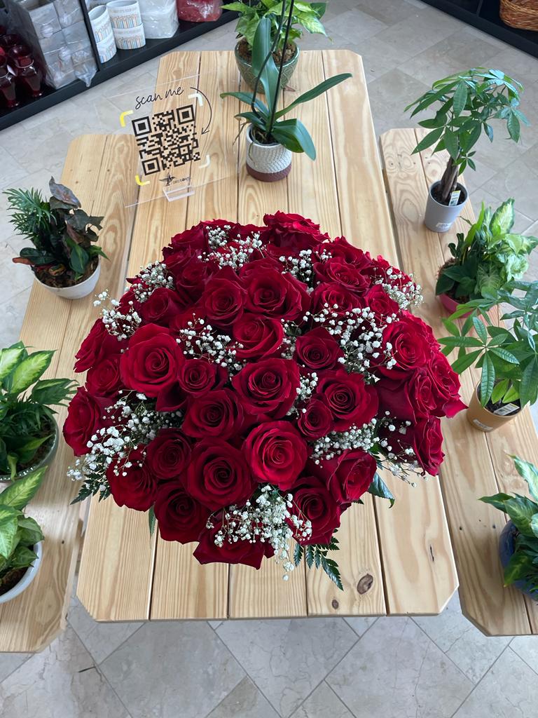 Close-up view of fresh velvety red rose blooms paired with rich green foliage