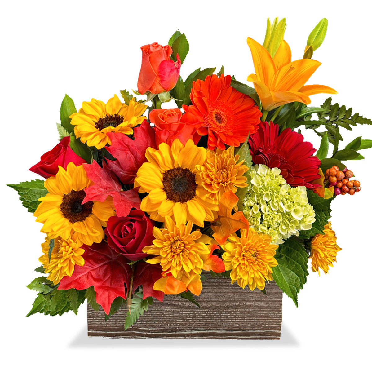 Rustic Radiance Bouquet featuring yellow lilies, red roses, dahlias, and green mums in a grey wooden planter box by Days Flowers Florida
