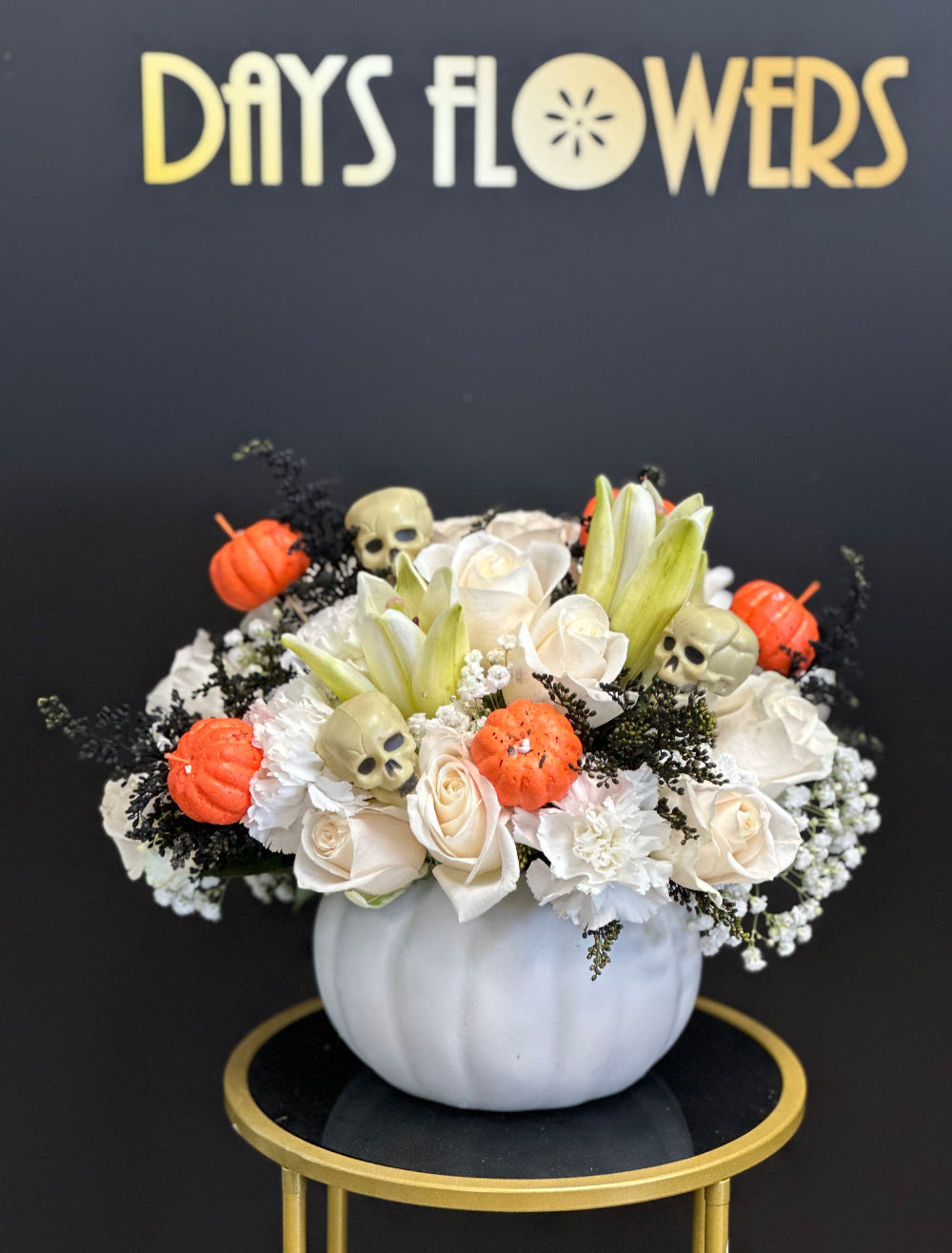 Top-down perspective of the Autumns Pumpkin Pilgrimage bouquet showing a dense mix of fall flowers.