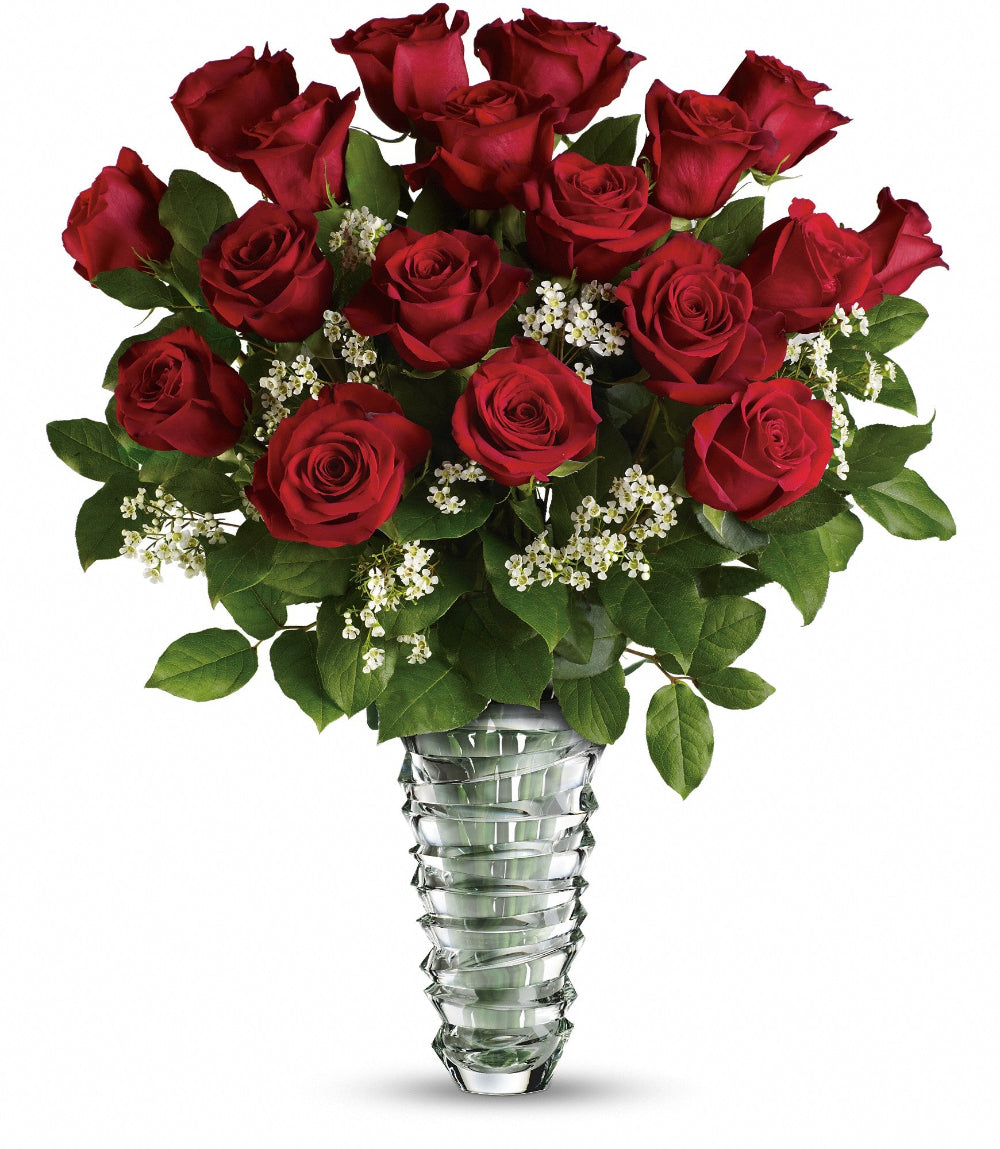 Top-down perspective of the Beautiful Bouquet showing opening 50cm red roses paired with delicate white waxflower buds